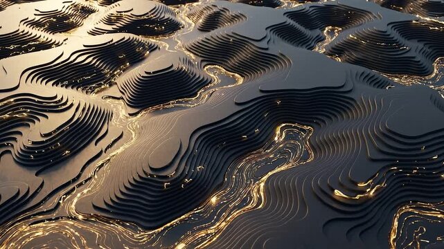 Abstract 3D topographical map landscape with glowing liquid gold data streams on dark matte polymer, futuristic corporate finance background