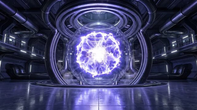 Futuristic sci fi fusion energy reactor core, glowing plasma containment facility, advanced technology and clean power concept
