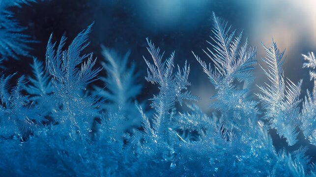 Beautiful macro photograph of frost crystals on a cold winter window pane.