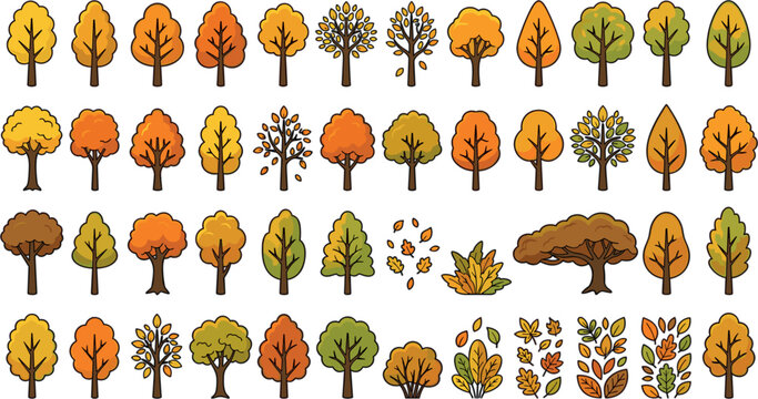 Autumn Tree and Leaf Icon Set with Yellow Orange Foliage, Forest Shrubbery, and Fall Plant Symbols for Seasonal Graphic and Nature Background DesignsAutumn Tree and Leaf Icon Set with Yellow Orange Fo