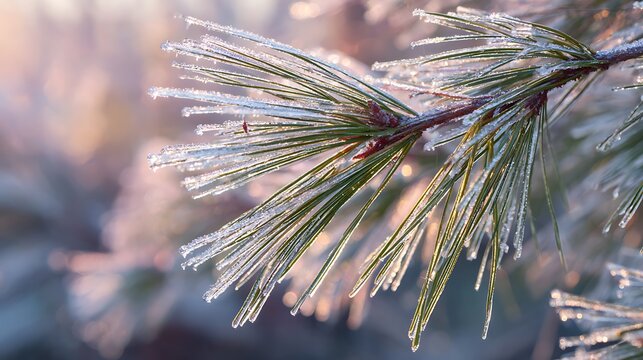 Frozen pine tree needles covered in winter ice.