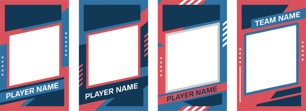 Sports trading card templates illustration set, generic 3D player cards with photo frames and team name layouts.