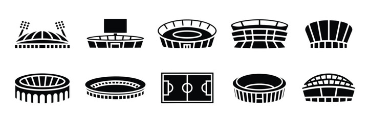 Stadium icons illustration set, generic sports arena building silhouettes for football soccer and athletics championships. © RAZEYA BEGUM