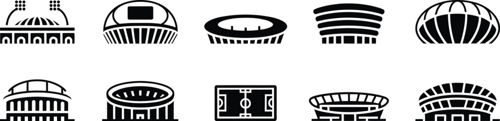 Stadium icons set, generic sports arena buildings and championship venue silhouettes for athletic design themes. © RAZEYA BEGUM