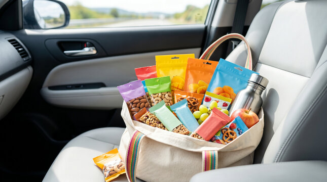 Snack bag filled with colorful snacks in car for summer road trips driving  