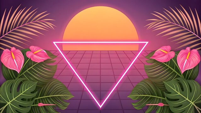 Retro synthwave background with pink triangle neon light, palm leaves and sunset.