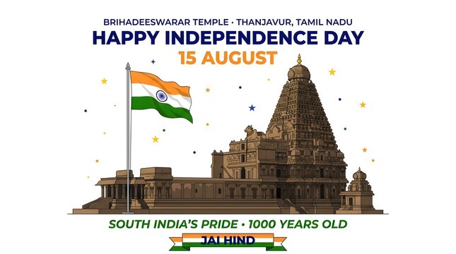 Brihadeeswarar temple thanjavur illustration for indian independence day with indian flag and jai hind text