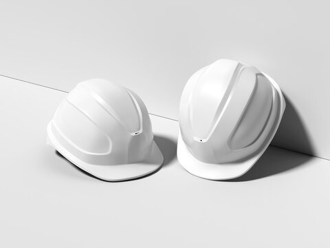 Realistic 3D Render of Two Blank White Industrial Hard Hats