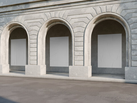 Blank Posters Mockup from Front View on Building Arches 3D Render