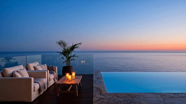 Luxury infinity pool terrace lounge overlooking a calm open sea at blue hour twilight with candlelit sofas, a palm and shimmering water &mdash; seamless looping chillout evening background
