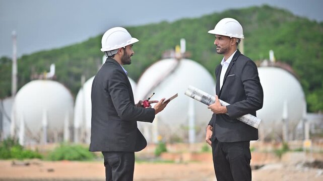 Engineers wearing safety gear, including hard hats examining survey a large blueprint tablet standing industrial facility gas or oil refinery engaged in a job requires high safety standards concept.	