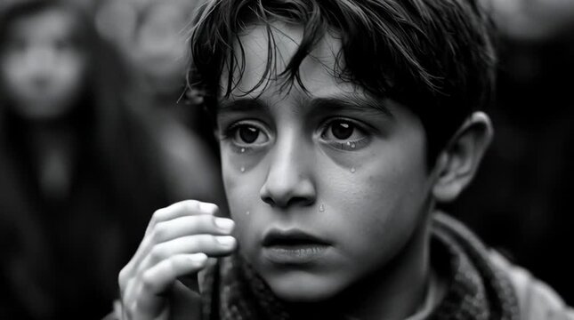 Award winning black and white photo of a young Iranian boy holding his hand up. He is looking with an anxious expression at the camera and with some tears. The photo was taken with a Hasselblad camera