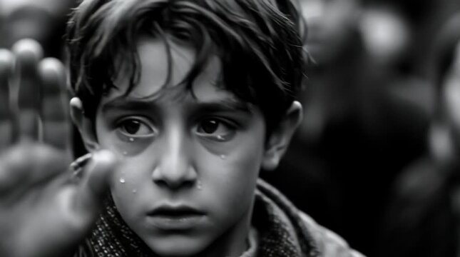 Award winning black and white photo of a young Iranian boy holding his hand up. He is looking with an anxious expression at the camera and with some tears. The photo was taken with a Hasselblad camera