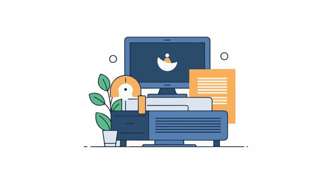 A computer monitor displaying a person in a boat on a dark blue screen sits on a blue desk with a plant, papers, and an orange document