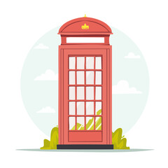 Obraz premium A red telephone booth stands against a cloudy circular background in this minimalist vector illustration conveying travel and communication.