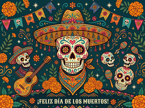Vibrant Day of the Dead Illustration with Sugar Skulls, Sombrero, and Guitar - Feliz D&iacute;a de los Muertos Festive Banner Background