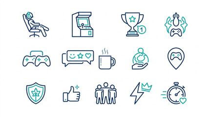 Collection of gaming and leisure icons in outline style. © Denjiro