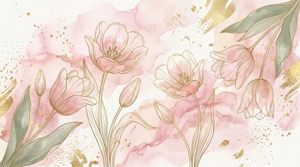 Fototapeta premium Luxury Tulip Watercolor Gold Background