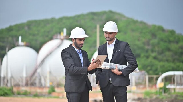 Engineers wearing safety gear, including hard hats examining survey a large blueprint tablet standing industrial facility gas or oil refinery engaged in a job requires high safety standards concept.	