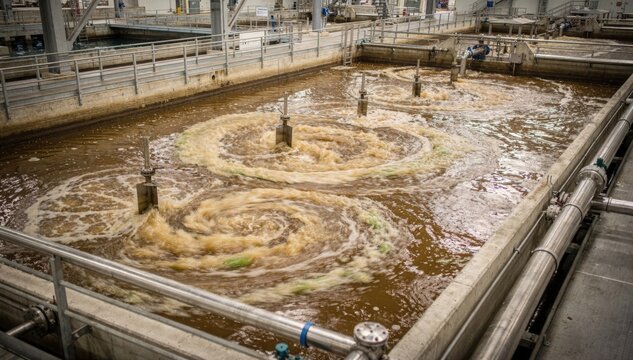 Medium shot of a flocculation tank in an effluent treatment plant with swirling colored wastewater undergoing chemical coagulation for pollutant removal.