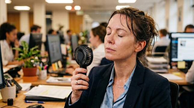Exhausted sweating businesswoman finding relief from an extreme heatwave using a portable handheld fan at her office desk.
