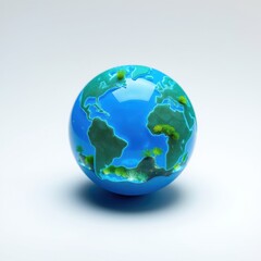 Fototapeta premium Stylized globe illustration. Blue oceans contrast green landmasses. Simple design, bright colors, reflective surface, white background.
