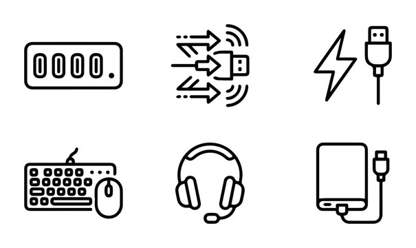 Tech Icons: USB, Keyboard, Mouse, Headphones, Power