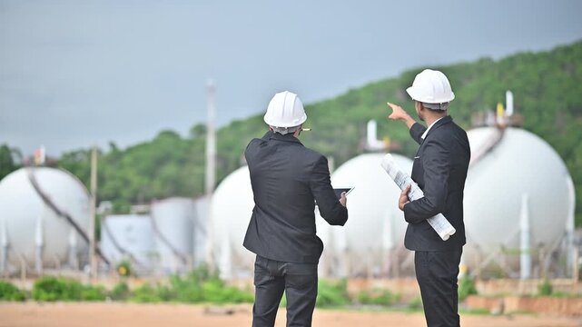 Engineers wearing safety gear, including hard hats examining survey a large blueprint tablet standing industrial facility gas or oil refinery engaged in a job requires high safety standards concept.	