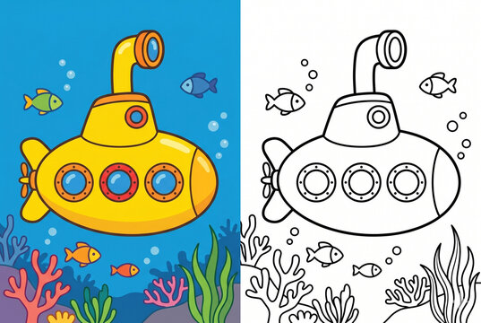 Submarine Adventure: A whimsical yellow submarine explores the underwater world, surrounded by colorful coral, aquatic plants, and playful fish, inviting a sense of wonder and discovery.