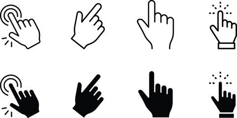 Fototapeta premium Hand Click and Touch Gesture Icons Set, Finger Tap Pointer Symbol Collection, Outline and Silhouette User Interface Navigation Vector Illustration