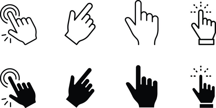 Hand Click and Touch Gesture Icons Set, Finger Tap Pointer Symbol Collection, Outline and Silhouette User Interface Navigation Vector Illustration