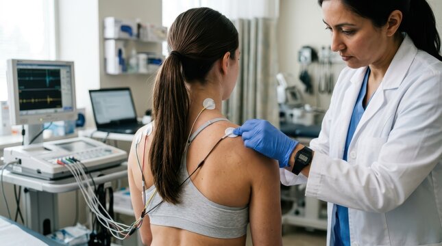 Electromyography examination female patient undergoing muscle testing with doctor in medical clinic