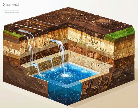 Cross-sectional view of groundwater recharge through rainwater harvesting, rainwater