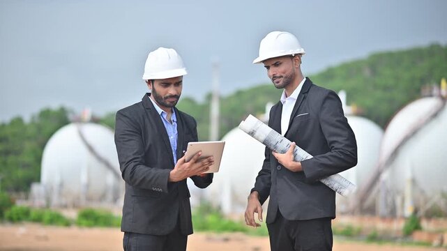 Engineers wearing safety gear, including hard hats examining survey a large blueprint tablet standing industrial facility gas or oil refinery engaged in a job requires high safety standards concept.	