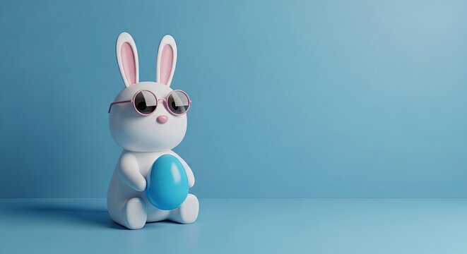 Trendy easter bunny with sunglasses and egg 3d render for spring celebrations