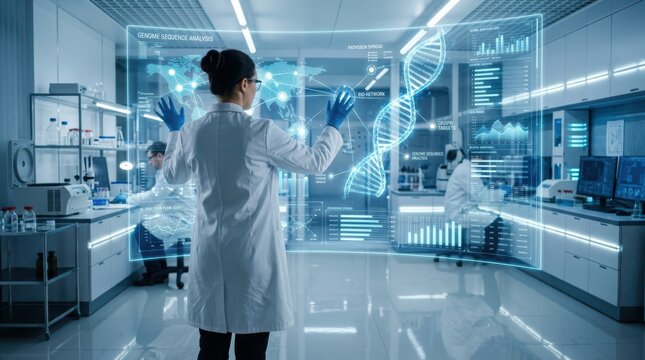 Biotechnology research scientist analyzing genomic data with interactive digital interface in modern laboratory