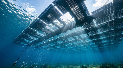 Fototapeta premium Underwater View of Large Scale Solar Farm and Offshore Wind Turbines for Renewable Energy Production
