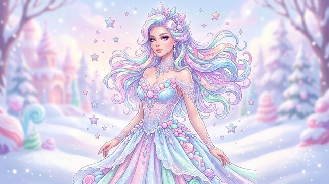 A captivating winter fairy in a soft pastel gown amidst a breathtaking snowy landscape filled with magic and wonder