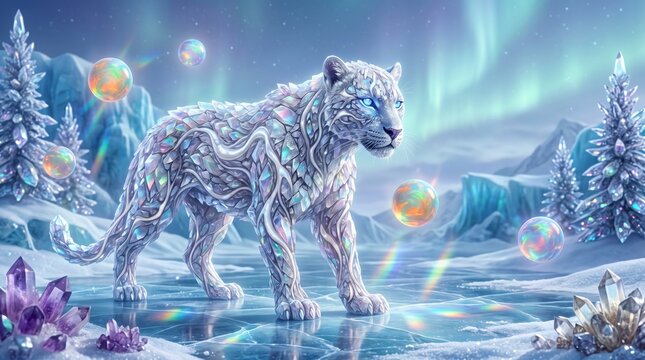Stunning white tiger with crystal patterns beneath the mesmerizing aurora borealis surrounded by sparkling orbs and ice crystals