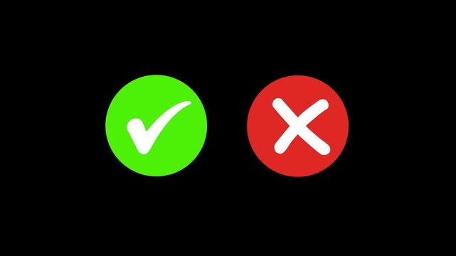 Animated pop-up green check mark and red cross X symbol on a transparent background. A checkmark in and out motion graphics animation. Video footage of yes or no, true or false with alpha channel