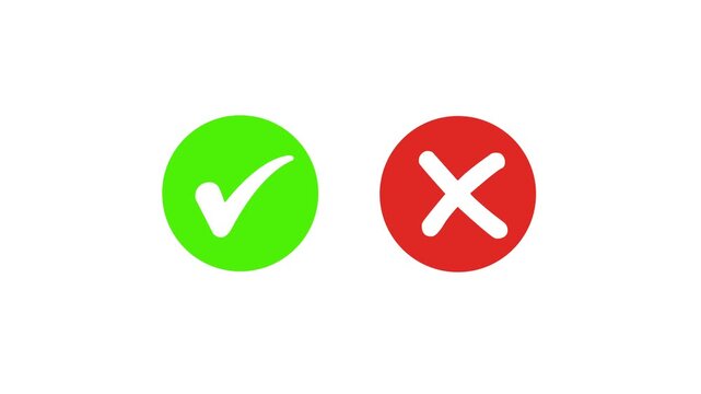 Animated pop-up green check mark and red cross X symbol on a transparent background. A checkmark in and out motion graphics animation. Video footage of yes or no, true or false with alpha channe