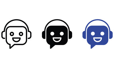Fototapeta premium Three distinct styles of friendly chatbot head icons wearing modern headphones for customer support interfaces on a clean white background
