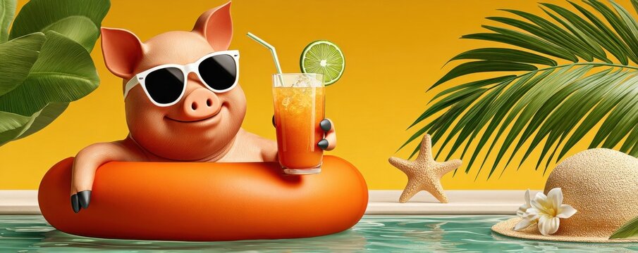 Smiling pig on an orange pool float enjoys a tropical summer drink by the pool