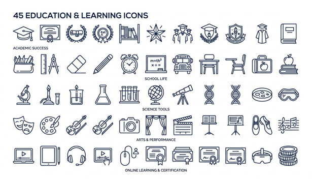 Set of 45 Education and Learning Icons, Outline Style