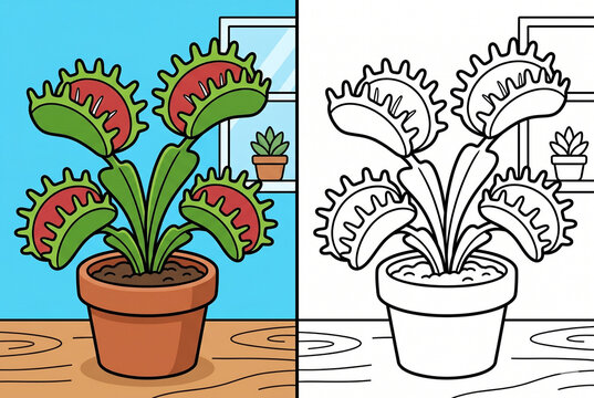 Venus Flytrap in Potted Plant: A vivid illustration of a Venus flytrap plant in a terracotta pot, showcasing its unique carnivorous nature. The image presents both a colored and line-art version.