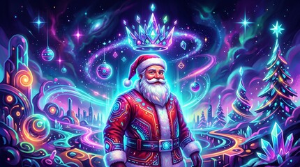 Fototapeta premium Magical santa claus in a vibrant cosmic landscape filled with stars and colorful swirling patterns