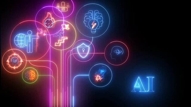 Neon icons forming a tree structure with a brain and people symbols and the word AI Keywords: growth, development, success, idea