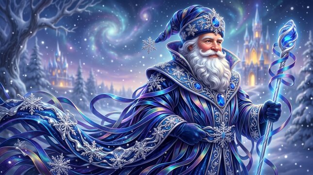 A majestic winter sorcerer stands in a magical snowy landscape surrounded by enchanting swirls and shimmering snowflakes