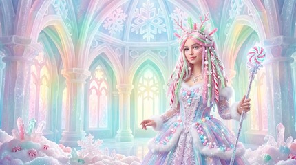 Fototapeta premium Magical ice princess surrounded by a whimsical castle adorned with vibrant snowflakes and delightful candy decorations