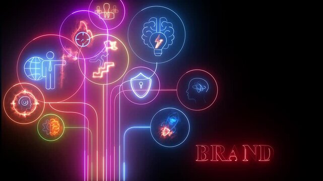 Neon icons forming a tree structure with a brain and people symbols and the word BRAND Keywords, knowledge, growth, development, success, idea